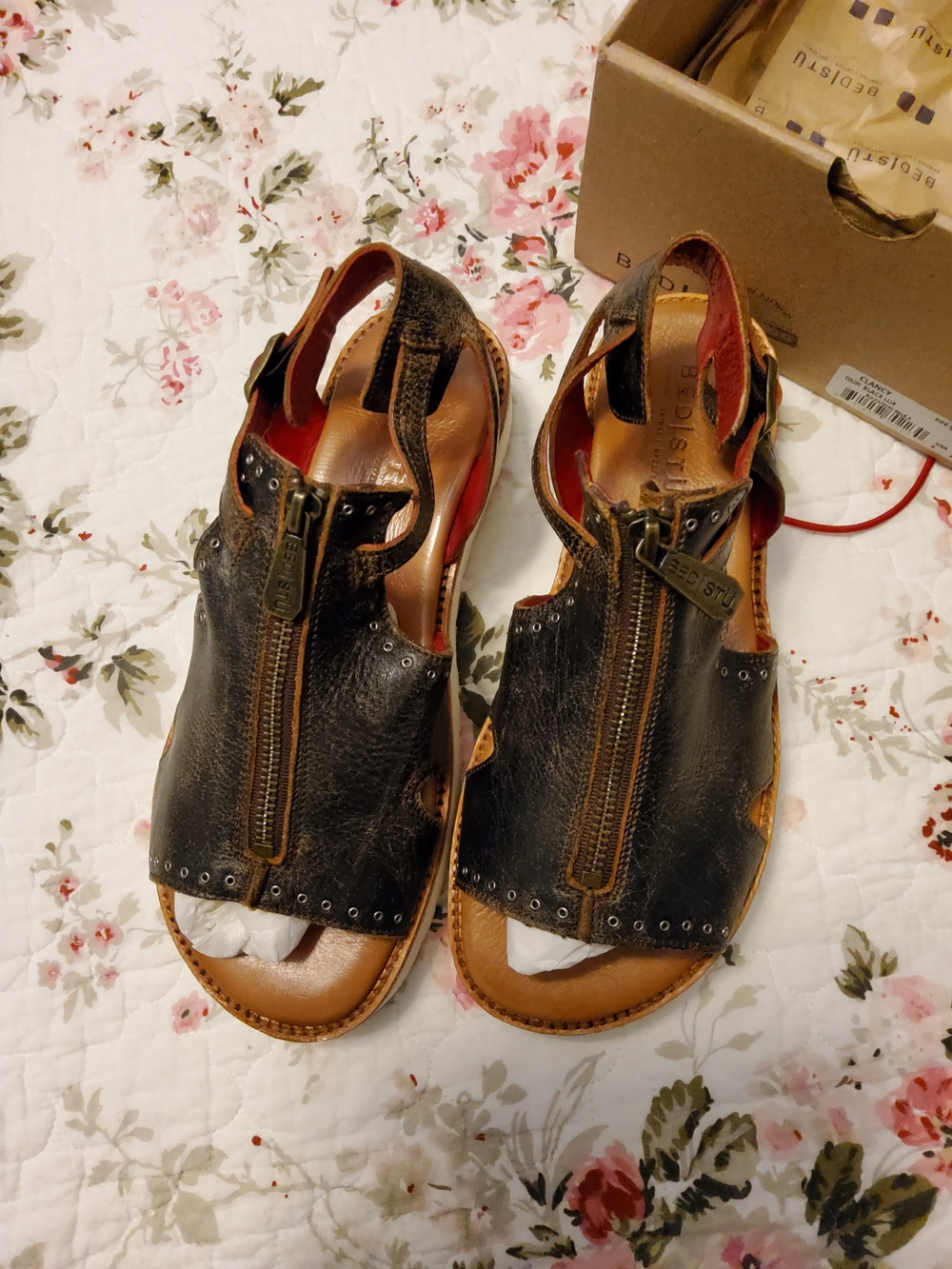 Bed|Stu Black Lux Leather Zip Front Sandals Size 9